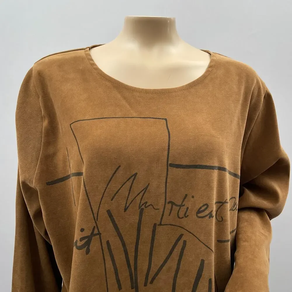 AHNI USA Top Womens 3 / XL Brown Microsuede Artsy Graphic Asymmetrical Hem Boho - Picture 2 of 11